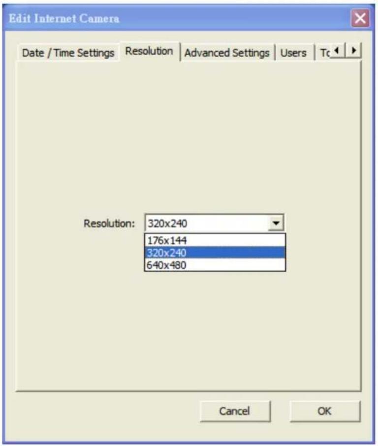 Edit Internet Camera Date / Time Settings Resolution Advanced Settings Users Tc Resolution: 320x240 176x144 320x240 640x480 Cancel OK