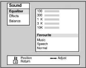 Sound Equalizer Effects Balance 100 300 1 K 3 K 10K Favourite Music Speech Normal Position Return Adjust