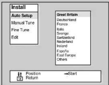 Install Auto Setup Manual Tune Fine Tune Edit Great Britain Deutschland France Italia Sverige Switzerland Nederland Ireland España East Europe Others Position Return → Start
