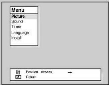 Menu Picture Sound Timer Language Install Position Access Return