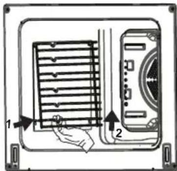 Diagram showing a hand pressing down on a fan grille next to a device, with numbered arrows indicating positions.