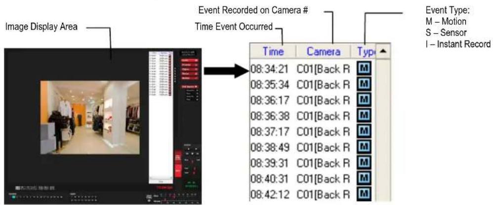 Image Display Area Event Recorded on Camera # Time Event Occurred Time Camera Type 08:34:21 C01[Back R Mali 08:35:34 C01[Back R Mali 08:36:17 C01[Back R Mali 08:36:38 C01[Back R Mali 08:37:17 C01[Back R Mali 08:38:49 C01[Back R Mali 08:39:31 C01[Back R Mali 08:40:31 C01[Back R Mali 08:42:12 C01[Back…