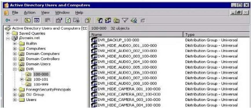 Active Directory Users and Computers [EC 100-000 32 objects] Name Type DVR_BACKUP_100-000 Distribution Group - Universal DVR_HIDE_AUDIO_001_100-000 Distribution Group - Universal DVR_HIDE_AUDIO_002_100-000 Distribution Group - Universal DVR_HIDE_AUDIO_003_100-000 Distribution Group - Universal DVR_H…