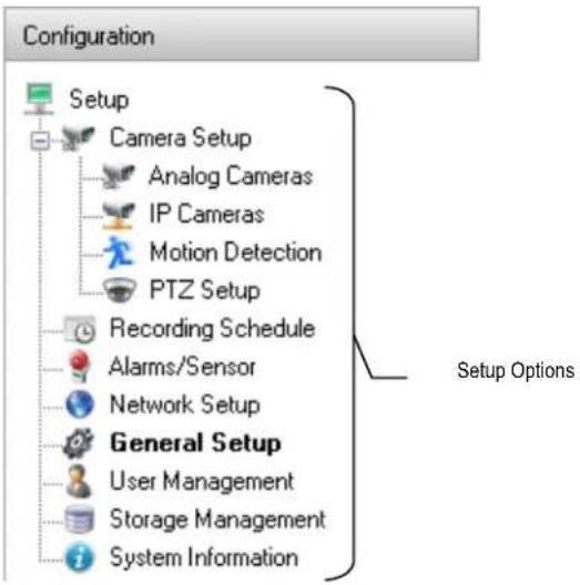 graph TD A["Configuration"] --> B["Setup"] B --> C["Camera Setup"] C --> D["Analog Cameras"] C --> E["IP Cameras"] C --> F["Motion Detection"] C --> G["PTZ Setup"] G --> H["Recording Schedule"] H --> I["Alarms/Sensor"] H --> J["Network Setup"] J --> K["General Setup"] K --> L["User Management"] K --…