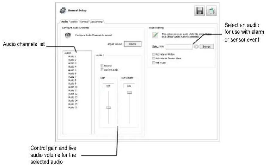 General Setup Audio Channels General Sequencing Configure Audio Channels Configure Audio Channels to record. Adjust volume Volume Audio channels list AUDIO Audio 1 Audio 2 Audio 3 Audio 4 Audio 5 Audio 6 Audio 7 Audio 8 Audio 9 Audio 10 Audio 11 Audio 12 Audio 13 Audio 14 Audio 15 Audio 16 Audio 17…