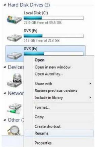 Hard Disk Drives (3) Local Disk (C:) 27.9 GB free of 39.6 GB DVR (E:) 147 GB free of 213 GB DVR (F:) Open Open in new window Open AutoPlay... Share with Restore previous versions Include in library Format... Copy Create shortcut Rename Properties