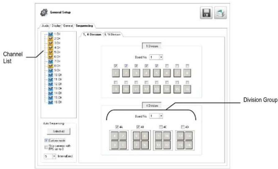 General Setup Audio Display General Sequencing 1, 4 Division 6.10 Divisions Channel List 1 Division Board No: 1 4 Division Board No: 1 Auto Sequencing Select All Custom mode Skip camera with FPC set to 0 5 Intervalue Division Group