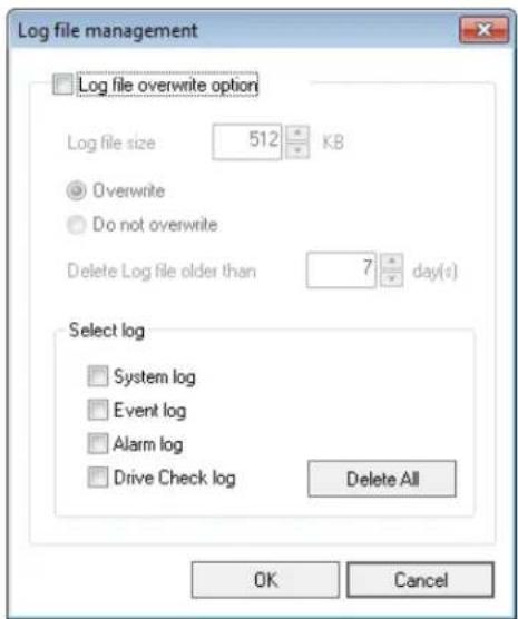 Log file management Log file overwrite option Log file size 512 KB Overwrite Do not overwrite Delete Log file older than 7 day(s) Select log System log Event log Alarm log Drive Check log Delete All OK Cancel