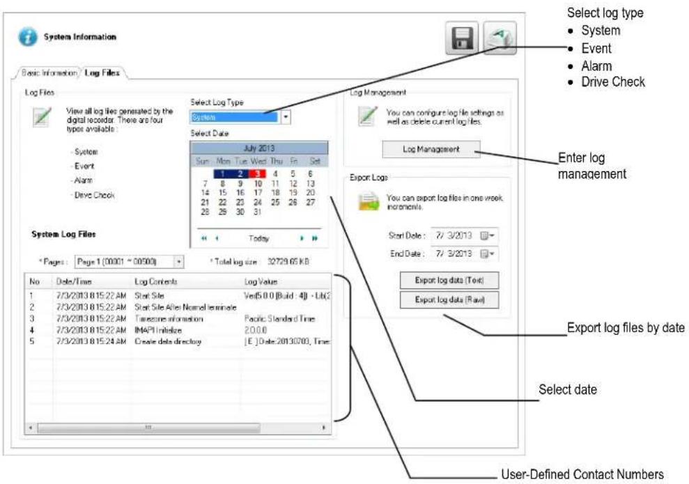System Information Basic Information / Log Files Log Files View all log files generated by the digital recorder. There are four types available System Event Alarm Drive Check Select Log Type System Select Date July 2013 Sum Mon Tue Wed Thu Fri Set 7 8 9 10 11 12 13 14 15 16 17 18 19 20 21 22 23 24 2…