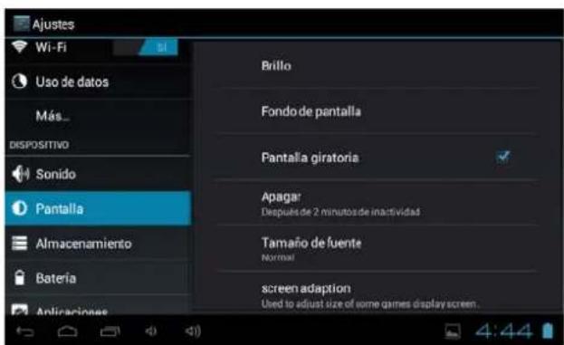 Ajustes Wi-Fi Uso de datos Más... DISPOSITIVO Sonido Pantalla Almacenamiento Bateria Aplicaciones Brillo Fondo de pantalla Pantalla giratoria Apaga: Después de 2 minutos de inactividad Tamaño de fuente Normal screen adaption Used to adjust size of some games display screen.