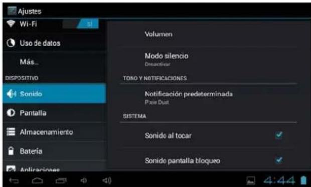 Ajustes Wi-Fi 51 Uso de datos Más... DISPOSITIVO Sonido Pantalla Almacenamiento Batería Antiraciones Volumen Modo silencio Desaciliar TORO Y NOTIFICACIONES Notificación predeterminada Poise Dust SISTEMA Sonido al tocar Sonido pantalla bloqueo