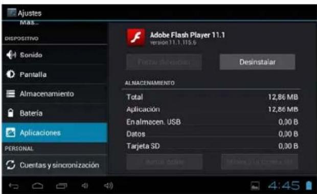 Ajustes Mas... DISPOSITIVO Sonido Pantalla Almacenamiento Batería Aplicaciones PERSONAL Cuentas y sincronización Adobe Flash Player 11.1 version 11.1.115.6 Futrar Almacenamiento Desinstalar ALMACENAMIENTO Total 12,86 MB Aplicación 12,86 MB En almacen. USB 0,00 B Datos 0,00 B Tarjeta SD 0,00 B Número Digital Minimo 24.17.2024.01