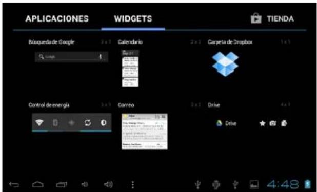 APPLICACIONES WIDGETS TIENDA Búsqueda Google 2 x 1 Calendario 2 x 3 Carpeta de Dropbox 1 x 1 Control de energía 3 x 1 Correo 3 x 2 Drive 4 x 1 Drive 4:48