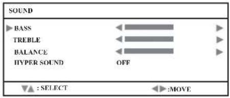 SOUND ►BASS TREBLE BALANCE HYPER SOUND OFF ▼▲ : SELECT ◄► :MOVE