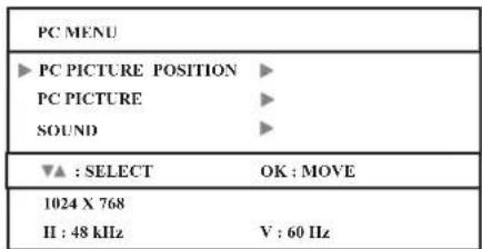 PC MENU ► PC PICTURE POSITION ► PC PICTURE ► SOUND ► ▼▲ : SELECT OK : MOVE 1024 X 768 II : 48 kHz V : 60 Hz