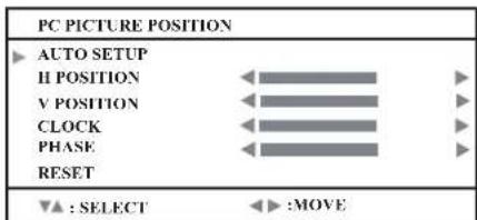 PC PICTURE POSITION AUTO SETUP H POSITION V POSITION CLOCK PHASE RESET ▼▲ : SELECT ◀ ▶ :MOVE