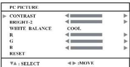 PC PICTURE CONTRAST BRIGHT-2 WHITE BALANCE COOL R G B RESET ▼▲ : SELECT ←→ :MOVE