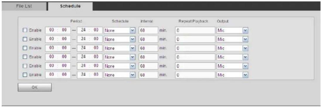 File List Schedule Period Schedule Interval Repeat Playback Output Enable 00 : 00 — 24 : 00 None 60 min. 0 Mic Enable 00 : 00 — 24 : 00 None 60 min. 0 Mic Enable 00 : 00 — 24 : 00 None 60 min. 0 Mic Enable 00 : 00 — 24 : 00 None 60 min. 0 Mic Enable 00 : 00 — 24 : 00 None 60 Min. 0 Mic Enable 00 : 00 — 24 : 00 None 60 min. 0 Mic OK
