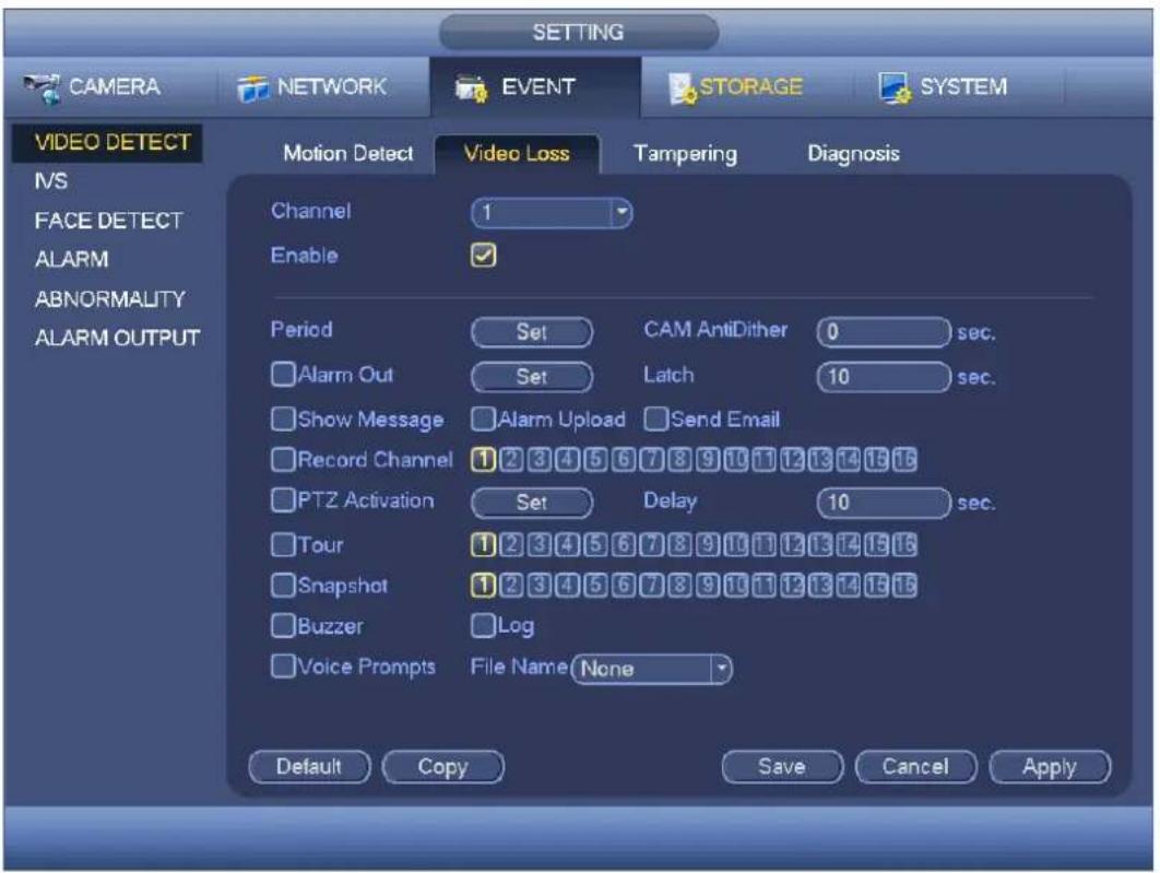 SETTING CAMERA NETWORK EVENT STORAGE SYSTEM VIDEO DETECT IVS FACE DETECT ALARM ABNORMALITY ALARM OUTPUT Motion Detect Video Loss Tampering Diagnosis Channel 1 Enable Period Set CAM AntiDither 0 sec. Alarm Out Set Latch 10 sec. Show Message Alarm Upload Send Email Record Channel 1 2 3 4 5 6 7 8 9 10 11 12 13 14 15 16 PTZ Activation Set Delay 10 sec. Tour 1 2 3 4 5 6 7 8 9 10 11 12 13 14 15 16 Snapshot 1 2 3 4 5 6 7 8 9 10 11 12 13 14 15 16 Buzzer Log Voice Prompts File Name None Default Copy Save Cancel Apply