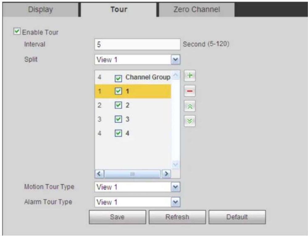 Display Enable Tour Interval 5 Second (5-120) Split View 1 Channel Group 1 1 2 2 3 3 4 4 Motion Tour Type View 1 Alarm Tour Type View 1 Save Refresh Default