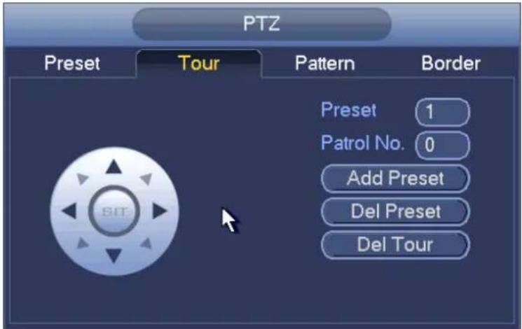 PTZ Preset Tour Pattern Border Preset 1 Patrol No. 0 Add Preset Del Preset Del Tour