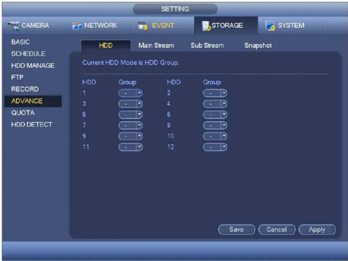SETTING CAMERA NETWORK EVENT STORAGE SYSTEM BASIC SCHEDULE HDD MANAGE FTP RECORD ADVANCE QUOTA HDD DETECT HDD Group HDD Group 1 - 2 - 3 - 4 - 5 - 6 - 7 - 8 - 9 - 10 - 11 - 12 Current HDD Mode is HDD Group. Save Cancel Apply