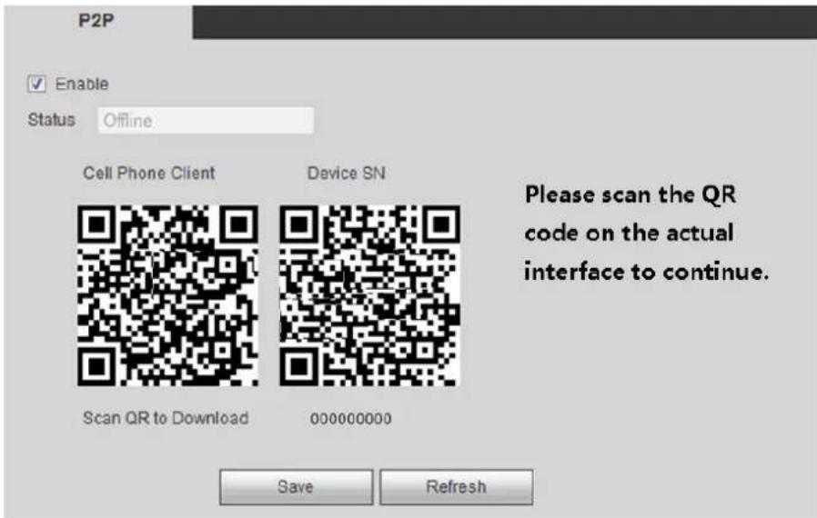 P2P Enable Status Offline Cell Phone Client Device SN Scan QR to Download 000000000 Please scan the QR code on the actual interface to continue. Save Refresh