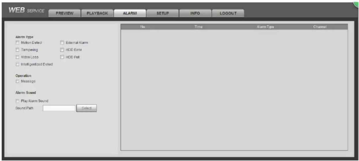 WEB SERVICE PREVIEW PLAYBACK ALARM SETUP INFO LOGOUT No Time Alarm Type Channel Alarm Type Motion Detect External Alarm Tampering HCD Error Video Loss HDD Full Intelligentized Detect Operation Message Alarm Sound Play Alarm Sound Sound Path Select-1