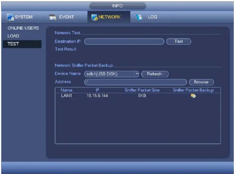INFO SYSTEM EVENT NETWORK(LOG ONLINE USERS LOAD TEST Network Test Destination IP Test Test Result Network Sniffer Packet Backup Device Name:sdb1(USB DISK) Refresh Address Browse Name IP Sniffer Packet Size Sniffer Packet Backup LAN1 10.15.6.144 0KB