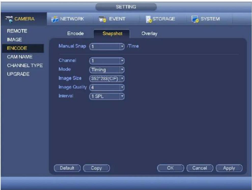 SETTING CAMERA NETWORK EVENT STORAGE SYSTEM REMOTE IMAGE ENCODE CAM NAME CHANNEL TYPE UPGRADE Encode Snapshot Overlay Manual Snap 1 /Time Channel 1 Mode Timing Image Size 352*288(CIF) Image Quality 4 Interval 1 SPL Default Copy OK Cancel Apply