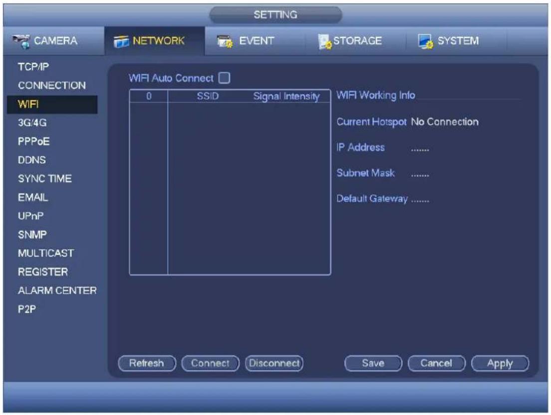 SETTING CAMERA NETWORK EVENT STORAGE SYSTEM TCP/IP CONNECTION WIFI 3G/4G PPPoE DDNS SYNC TIME EMAIL UPnP SNMP MULTICAST REGISTER ALARM CENTER P2P WIFI Auto Connect □ 0 SSID Signal Intensity WIFI Working Info Current Hotspot No Connection IP Address ...... Subnet Mask ...... Default Gateway ...... Refresh Connect Disconnect Save Cancel Apply