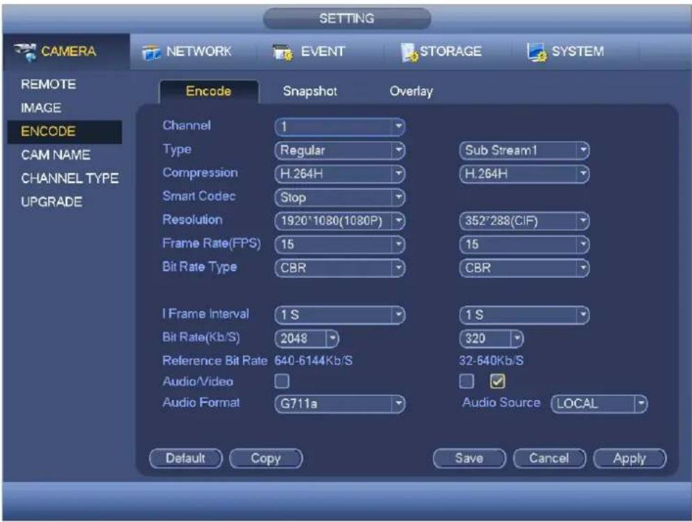 SETTING CAMERA NETWORK EVENT STORAGE SYSTEM REMOTE IMAGE ENCODE CAM NAME CHANNEL TYPE UPGRADE Encode Snapshot Overlay Channel 1 Type Regular Sub Stream1 Compression H.264H H.264H Smart Codec Stop Resolution 1920*1080(1080P) 352*288(CIF) Frame Rate(FPS) 15 15 Bit Rate Type CBR CBR I Frame Interval 1 S 1 S Bit Rate(Kb/S) 2048 320 Reference Bit Rate 640-6144Kb/S 32-640Kb/S Audio\Video Audio Format G711a Audio Source LOCAL Default Copy Save Cancel Apply