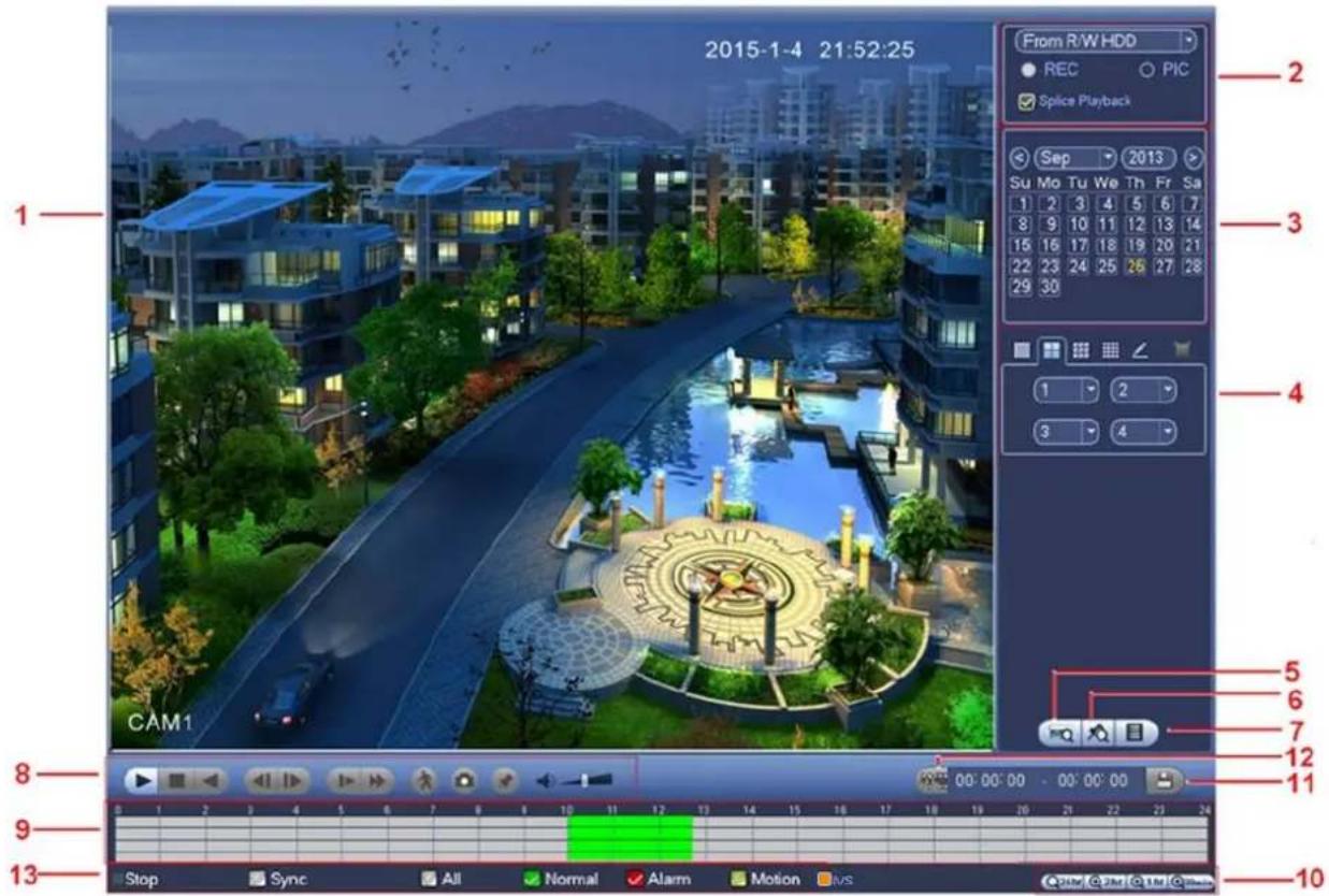 2015-1-4 21:52:25 From R/W HDD REC PIC Splice Playback Sep 2013 Su Mo Tu We Th Fr Sa 1 2 3 4 5 6 7 8 9 10 11 12 13 14 15 16 17 18 19 20 21 22 23 24 25 26 27 28 29 30 CAM1 1 2 3 4 5 6 7 12 11 Stop Sync All Normal Alarm Motion Ius