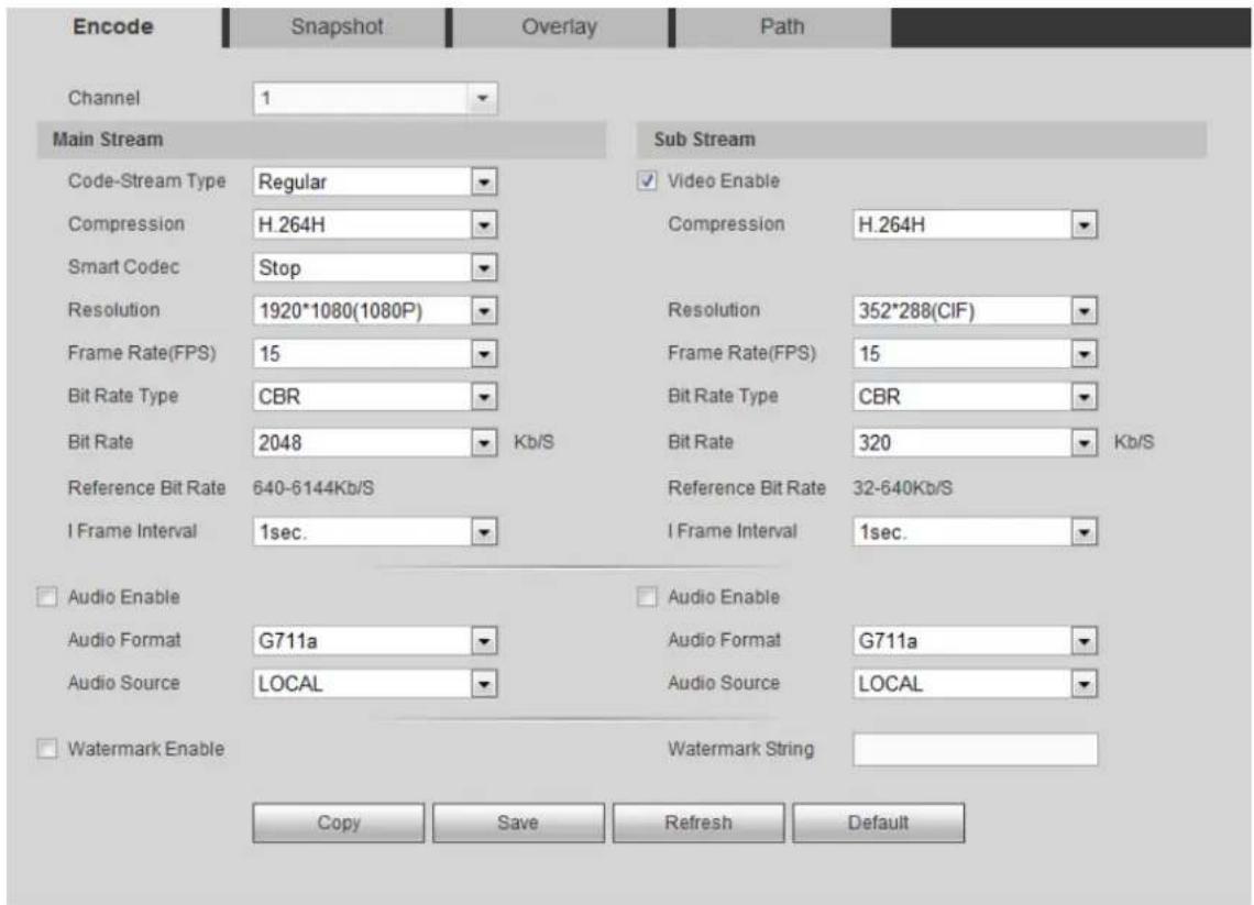 Encode Snapshot Overlay Path Channel 1 Main Stream Code-Stream Type Regular Compression H.264H Smart Codec Stop Resolution 1920*1080(1080P) Frame Rate(FPS) 15 Bit Rate Type CBR Bit Rate 2048 Kb/S Reference Bit Rate 640-6144Kb/S I Frame Interval 1sec. Sub Stream Video Enable Compression H.264H Resolution 352*288(CIF) Frame Rate(FPS) 15 Bit Rate Type CBR Bit Rate 320 Kb/S Reference Bit Rate 32-640Kb/S I Frame Interval 1sec. Audio Enable Audio Format G711a Audio Source LOCAL Audio Enable Audio Format G711a Audio Source LOCAL Watermark Enable Watermark String Copy Save Refresh Default