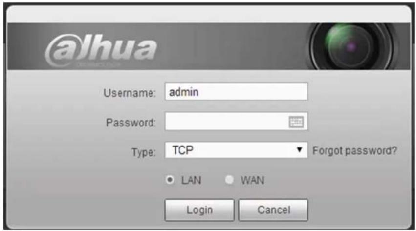 @lhua username: admin Password: Type: TCP Forgot password? LAN WAN Login Cancel