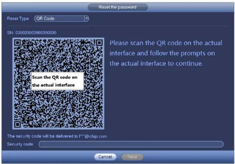 Reset the password Reset Type QR Code SN: 000000000000000000 Scan the QR code on the actual interface Please scan the QR code on the actual interface and follow the prompts on the actual interface to continue. The security code will be delivered to I***@chip.com. Security code Cancel Next