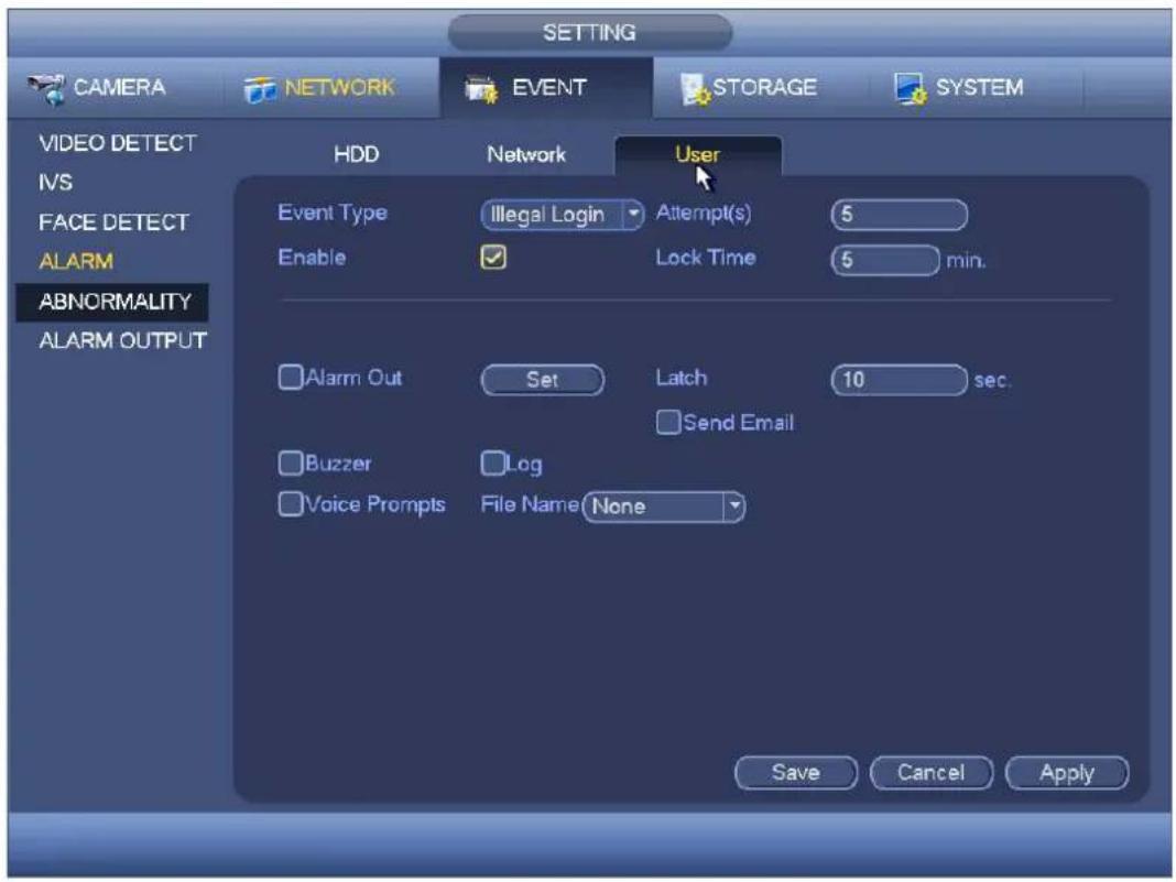 SETTING CAMERA NETWORK EVENT STORAGE SYSTEM VIDEO DETECT IVS FACE DETECT ALARM ABNORMALITY ALARM OUTPUT HDD Network User Event Type Illegal Login Attempt(s) 5 Enable ✓ Lock Time 5 min. Alarm Out Set Latch 10 sec. Send Email Buzzer Log Voice Prompts File Name None Save Cancel Apply