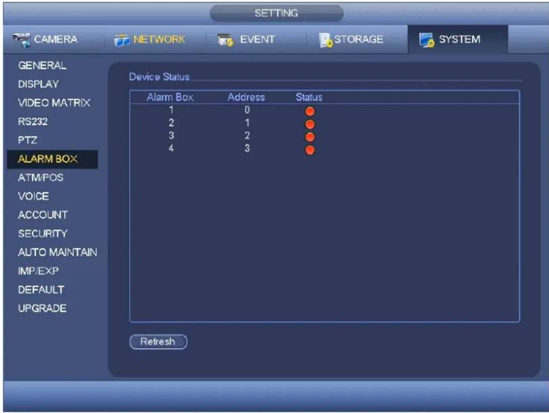 SETTING CAMERA NETWORK EVENT STORAGE SYSTEM GENERAL DISPLAY VIDEO MATRIX RS232 PTZ ALARM BOX ATM/POS VOICE ACCOUNT SECURITY AUTO MAINTAIN IMP/EXP DEFAULT UPGRADE Device Status Alarm Box Address Status 1 0 2 1 3 2 4 3 Refresh