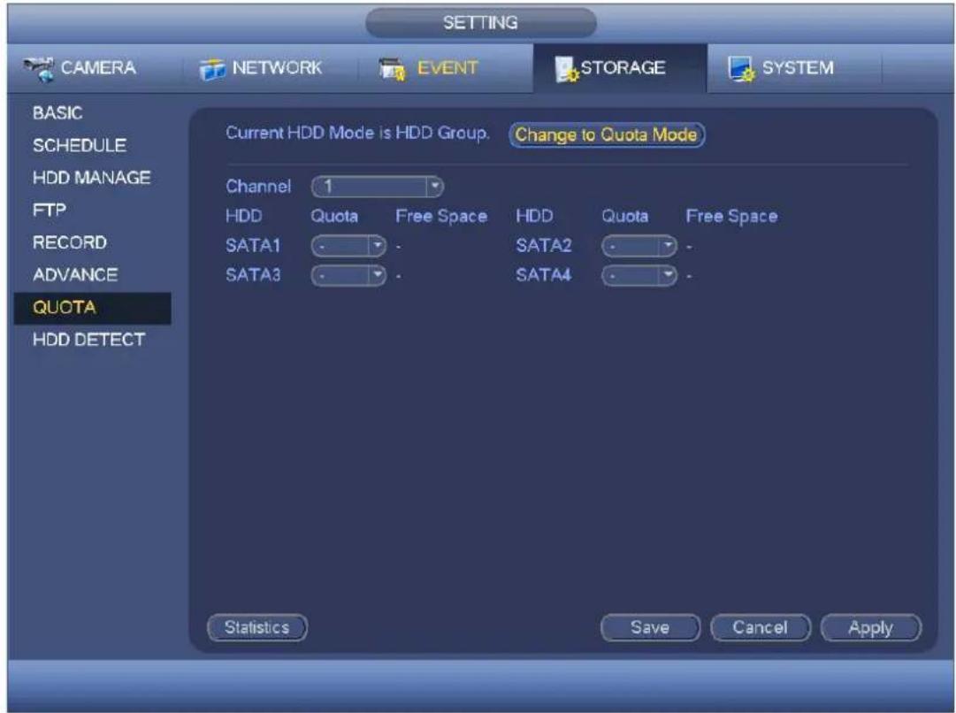 SETTING CAMERA NETWORK EVENT STORAGE SYSTEM BASIC SCHEDULE HDD MANAGE FTP RECORD ADVANCE QUOTA HDD DETECT Current HDD Mode is HDD Group. Change to Quota Mode Channel 1 HDD Quota Free Space HDD Quota Free Space SATA1 SATA2 - SATA3 SATA4 - Statistics Save Cancel Apply