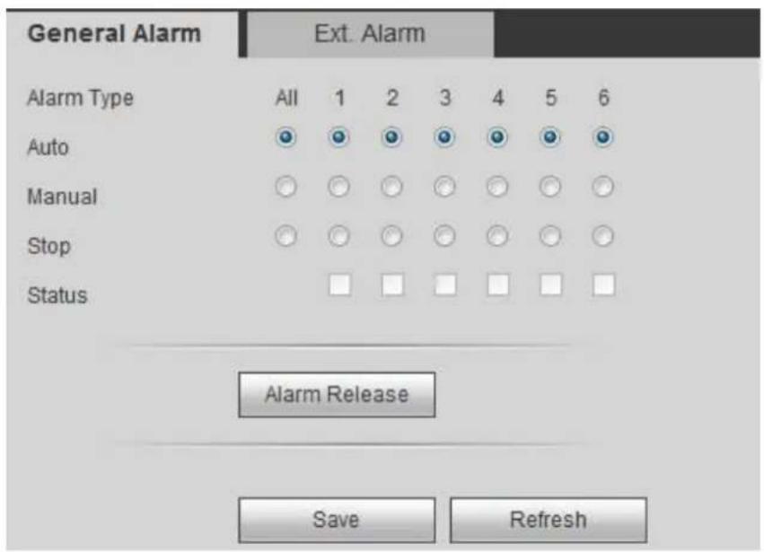 General Alarm Ext. Alarm Alarm Type All 1 2 3 4 5 6 Auto Manual Stop Status Alarm Release Save Refresh