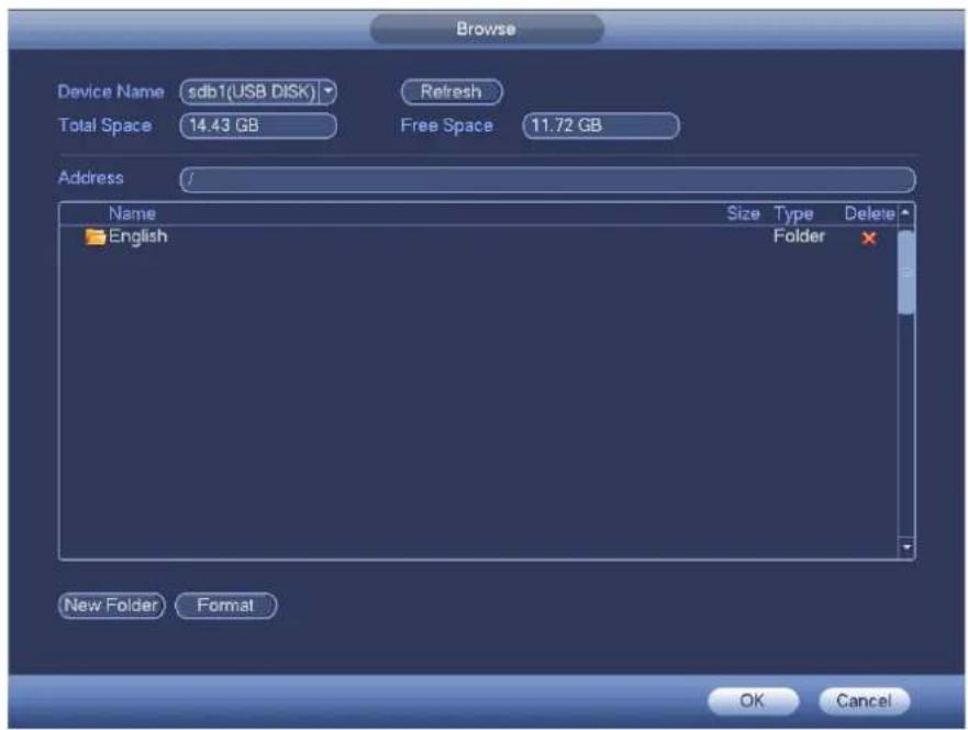Browse Device Name:sdb1(USB DISK) Refresh Total Space 14.43 GB Free Space 11.72 GB Address / Name Size Type Delete English Folder New Folder Format OK Cancel