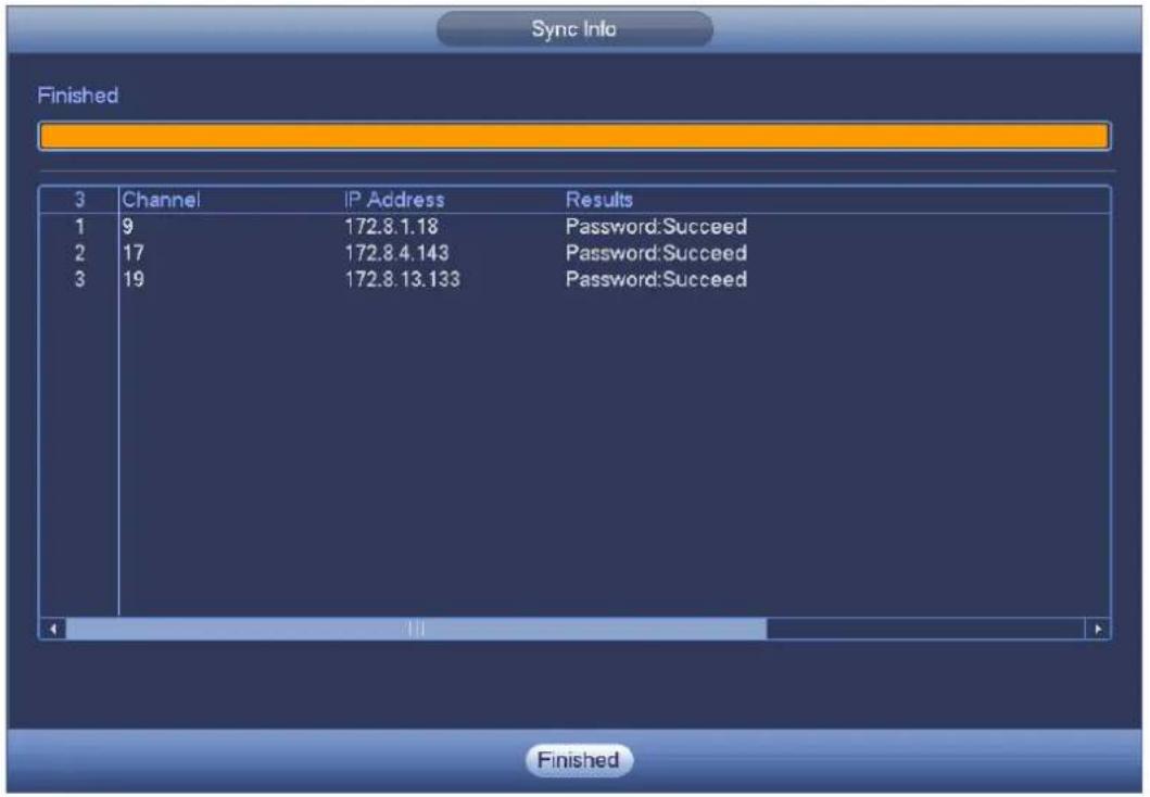 Sync Info Finished 3 Channel IP Address Results 1 9 172.8.1.18 Password:Succeed 2 17 172.8.4.143 Password:Succeed 3 19 172.8.13.133 Password:Succeed Finished