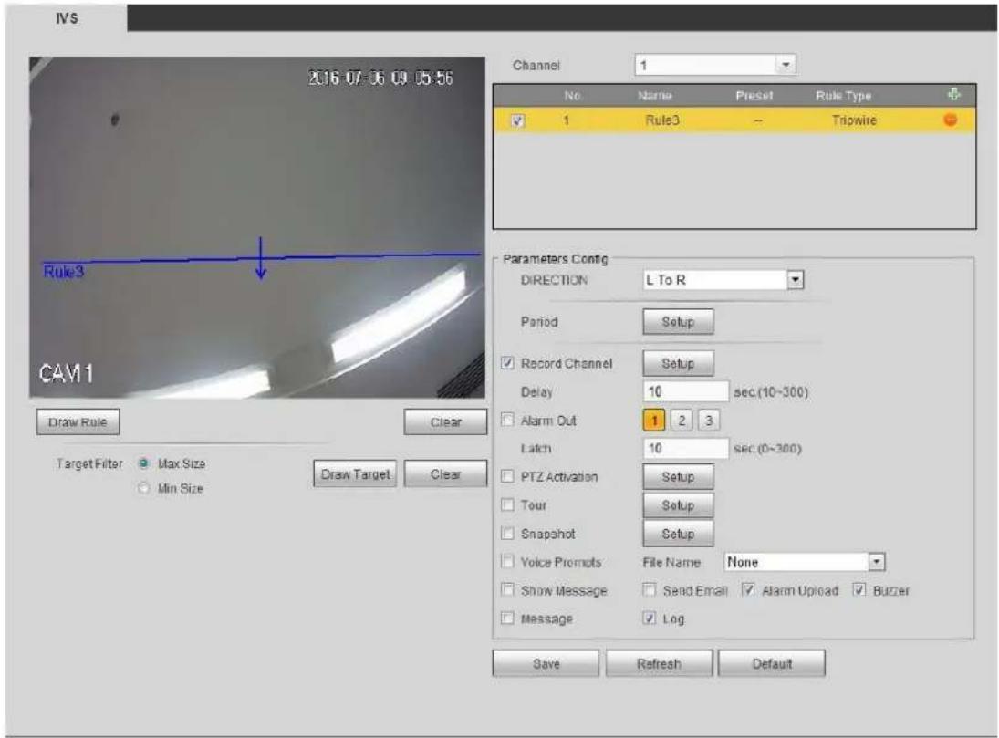 IVS 2016-07-06 09 05:56 Rule3 CAM1 Draw Rule Clear Target Filter Max Size Min Size Draw Target Clear Channel 1 No Name Preset Rule Type + ✓ 1 Rule3 -- Tripwire Parameters Config DIRECTION L To R Period Setup ✓ Record Channel Setup Delay 10 sec.(10~300) ✓ Alarm Out 1 2 3 Latch 10 sec.(0~300) ✓ PTZ Activation Setup ✓ Tour Setup ✓ Snapshot Setup ✓ Voice Promots File Name None ✓ Show Message Send Email ✓ Alarm Upload ✓ Buger ✓ Message ✓ Log Save Refresh Default
