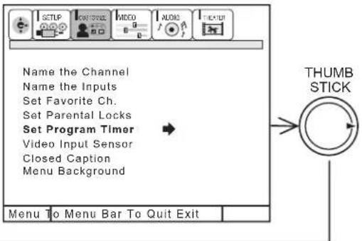 Name the Channel Name the Inputs Set Favorite Ch. Set Parental Locks Set Program Timer Video Input Sensor Closed Caption Menu Background Menu To Menu Bar To Quit Exit THUMB STICK