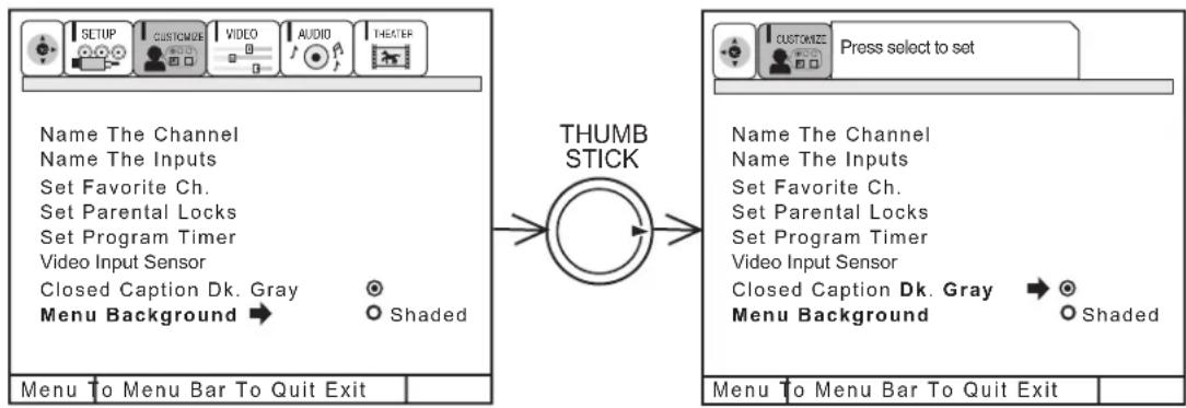 SETUP CUSTOMIZE VIDEO AUDIO THEATER Name The Channel Name The Inputs Set Favorite Ch. Set Parental Locks Set Program Timer Video Input Sensor Closed Caption Dk. Gray Menu Background → Shaded THUMB STICK Menu to Menu Bar To Quit Exit Menu to Menu Bar To Quit Exit Press select to set Name The Channel Name The Inputs Set Favorite Ch. Set Parental Locks Set Program Timer Video Input Sensor Closed Caption Dk. Gray → Menu Background → Shaded Menu to Menu Bar To Quit Exit