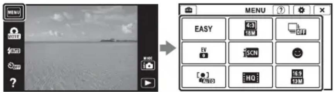 MENU MOVE SUE OFF ? MENU EASY 4:3 18M 0.9F EV 0 iSCN [●] 2.00 (G) HQ 16:9 13M MENU