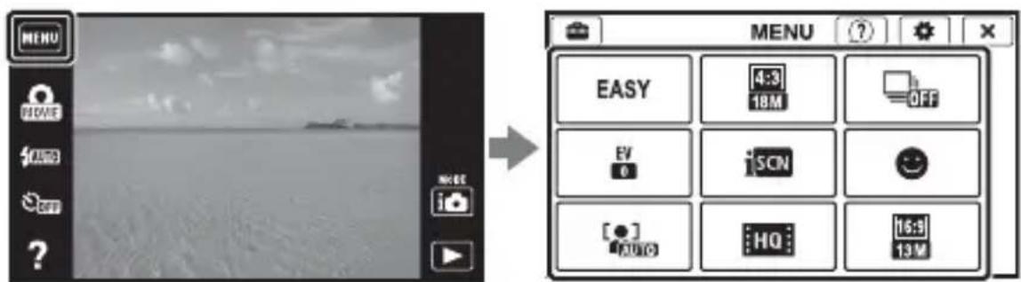 MENU MOVIE AUDIO OFF ? MENU EASY 4:3 18M OFF EV 0 iSCN [●] 200G HQ 16:3 13M MENU
