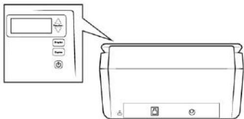 Diagram showing a device panel connected to a printer, with control buttons and battery icons visible.