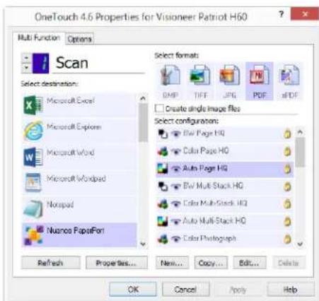 OneTouch 4.6 Properties for Visioneer Patriot H60 Multi Function Options Scan Select destinations: Microsoft Excel Microsoft Explorer Microsoft Word Microsoft Wordpad Norepad Nuance PaperPort Refresh Properties... New... Copy... Edit... Delete Select formats: DMP TIFF JPG PDF PDF □ Create single image files Select configurations: Evi Page HQ Color Page HQ Auto Page HQ Evi Multi Stack HQ Color Multi Stack HQ Auto Multi Stack HQ Color Photograph OK Cancel Apply Help