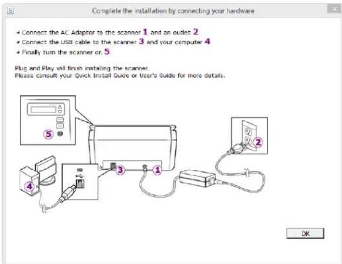 Complete the installation by connecting your hardware • Connect the AC Adaptor to the scanner 1 and an outlet 2 • Connect the USB cable to the scanner 3 and your computer 4 • Finally turn the scanner on 5 Plug and Play will finish installing the scanner. Please consult your Quick Install Guide or User's Guide for more details. OK